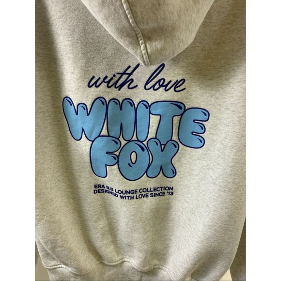 White Fox Pullover Hoodie with Light Blue Print in Front and Back in Light Gray - Picture 3 of 9